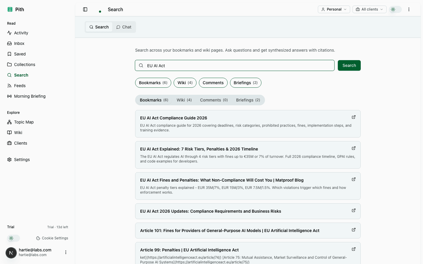 Search across your knowledge — results with sources