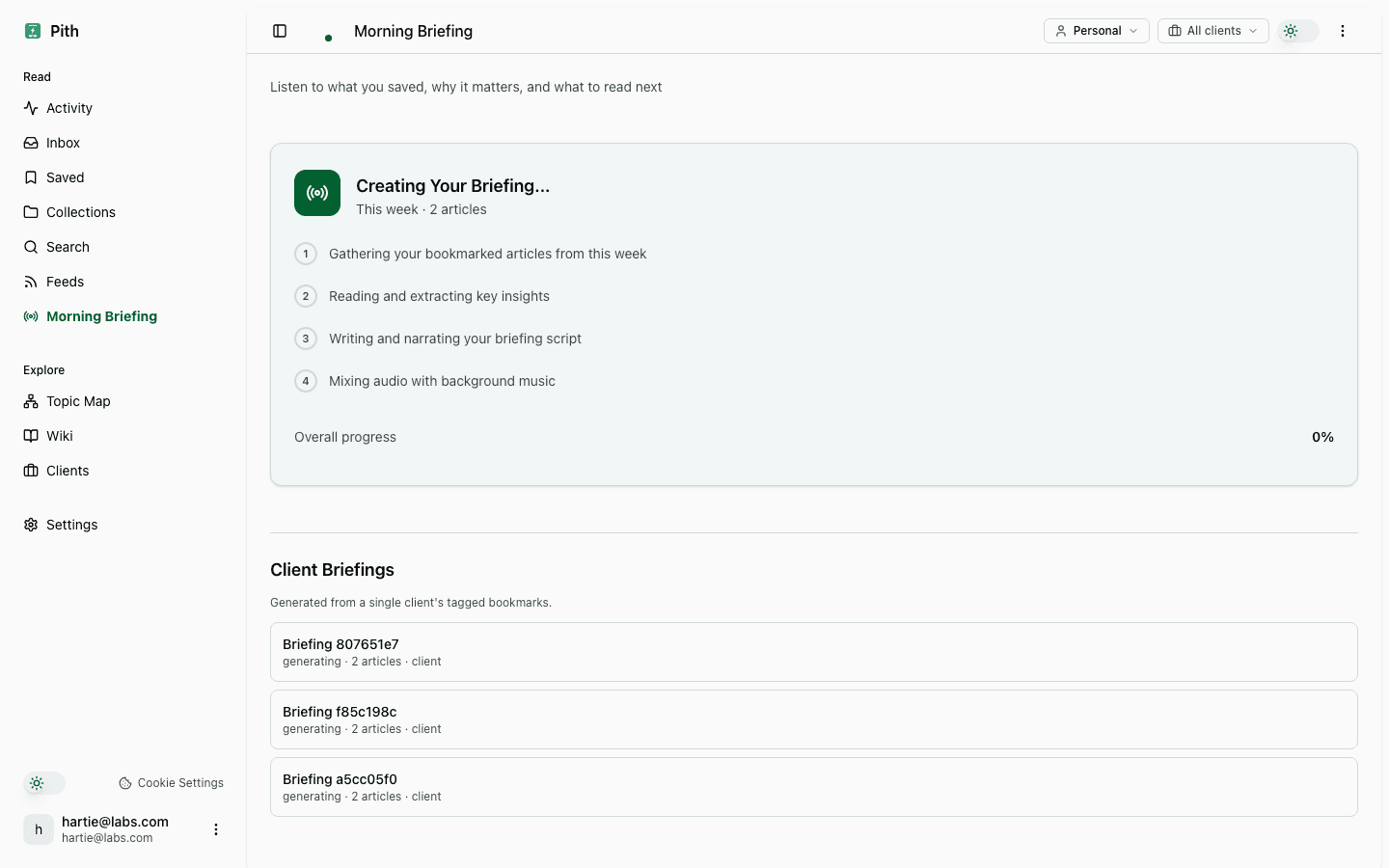 Morning Briefing surface with a 10-minute audio digest call-to-action.