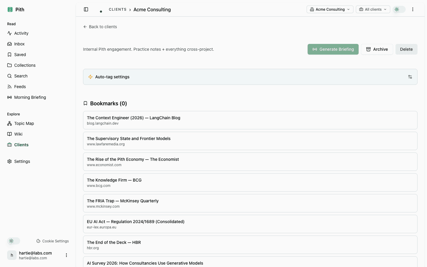 Acme Consulting client detail page with auto-tag settings panel and a list of recent client-tagged bookmarks.