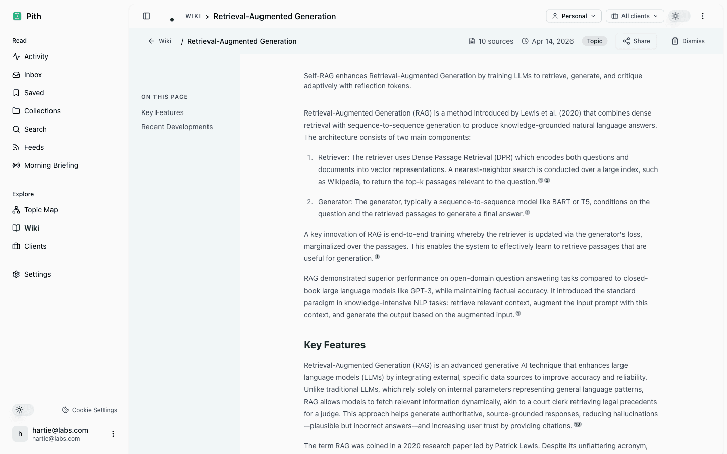 Auto-generated wiki page on Retrieval-Augmented Generation, with cited paragraphs and a related-pages sidebar.