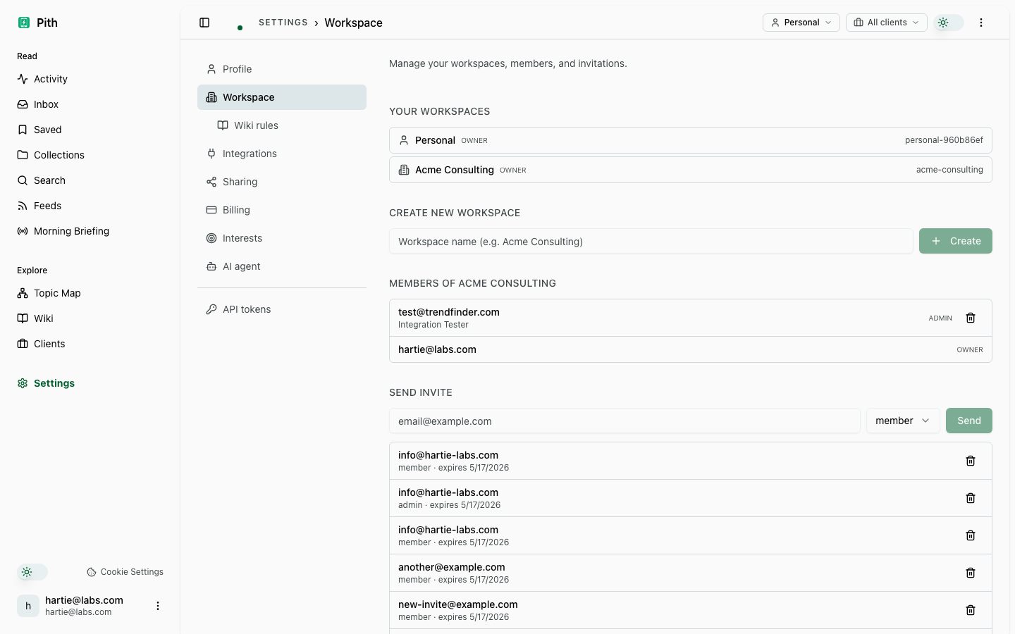 Workspaces & teams — product screenshot